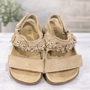 Zara Kids Tan Suede Floral-Accent Strap Sandals